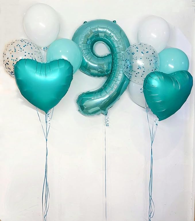 Blue-Green 9 Balloon Number, Big 40 Inch Happy 9 19 29 90 Birthday for Men And Women, Foil Balloons Decoratins for Wedding Anniversary, Single, New Year, Halloween Party Syupplies