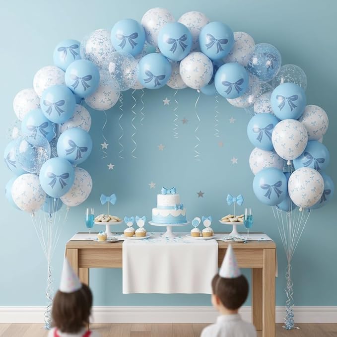 Blue and White Balloons Set, 12 Inch Light Baby Blue White Clear Bow Latex Balloon for Wedding Bridal Engagement Bachelorette Baby Boy Shower Winter Princess Birthday Theme Party Decorations Supplies