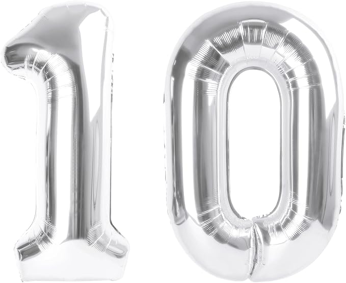 10 Number Balloons, Silver Balloons for Woman Man 10th Birthday Party Decoration, 40 Inch Foil Number 10 Ballon for 10, 100 Anniversary, Bridal Shower, Graduation, Wedding, New Year, Valentine's Day
