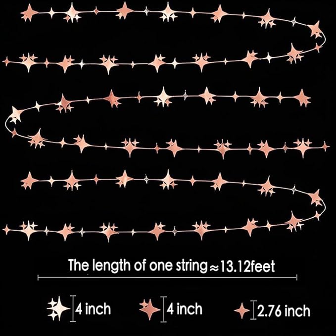 Glitter Rose Gold Four-Angle Star Paper Garland Banner Décor 40 Feet Twinkle Rose Gold Star Hanging Bunting Banner Backdrop for Wedding Baby Shower Birthday Graduation Disco Party Decorations