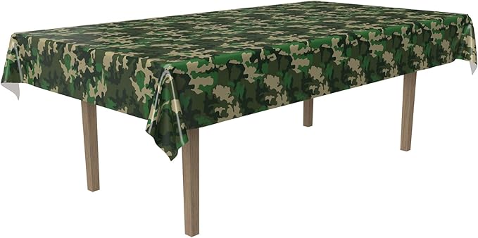Beistle Camouflage Plastic Tablecover, Rectangular Camo Tablecloth for Military-Themed Birthdays, Camping Parties, Hunting Events, and Outdoor Celebration Decorations, 54” x 108”