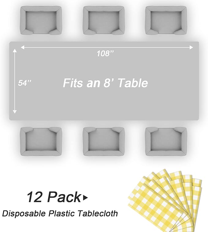 QIKSION Yellow Gingham Tablecloth Disposable 12 Pack, 54 x 108 Inch Yellow and White Checkered Table Cloth for Easter Decorations, Birthday Party Supplies, Rectangle, Plastic Table Cover
