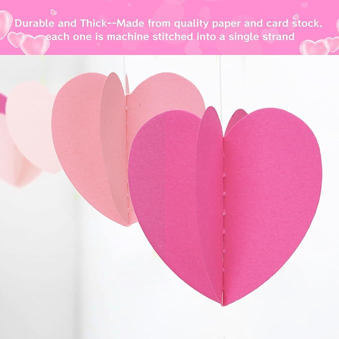 GCQQ Valentines Decorations - 3D Hot Pink Valentine's Day Decoration Paper Garland 39Ft Bridal Shower Decorations Hanging Heart Streamers for Mothers Day Galentines Day Wedding Birthday Party Decor