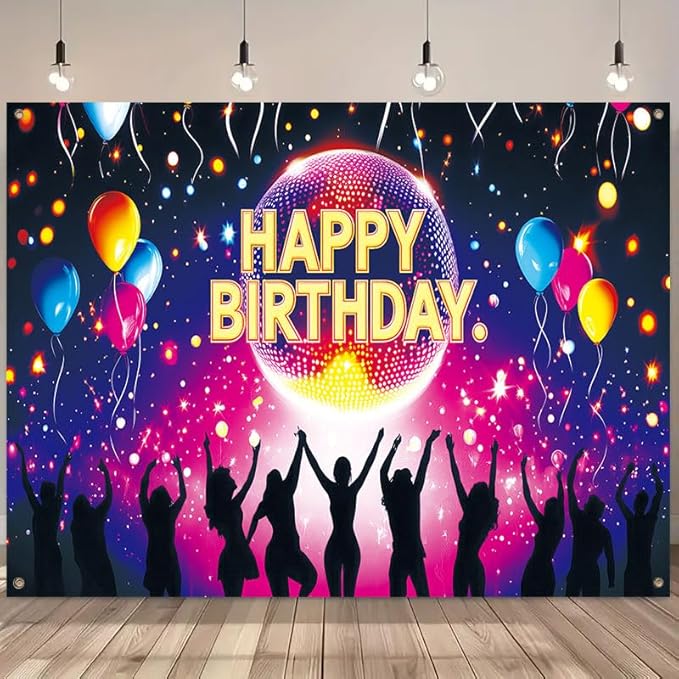 Happy Birthday Porch Banner 71x43 Inch, Large Disco Party Backdrop with Neon Lights Balloons and Dance Crowd, Birthday Decorations for Indoor Outdoor Yard Patio Wall Hanging