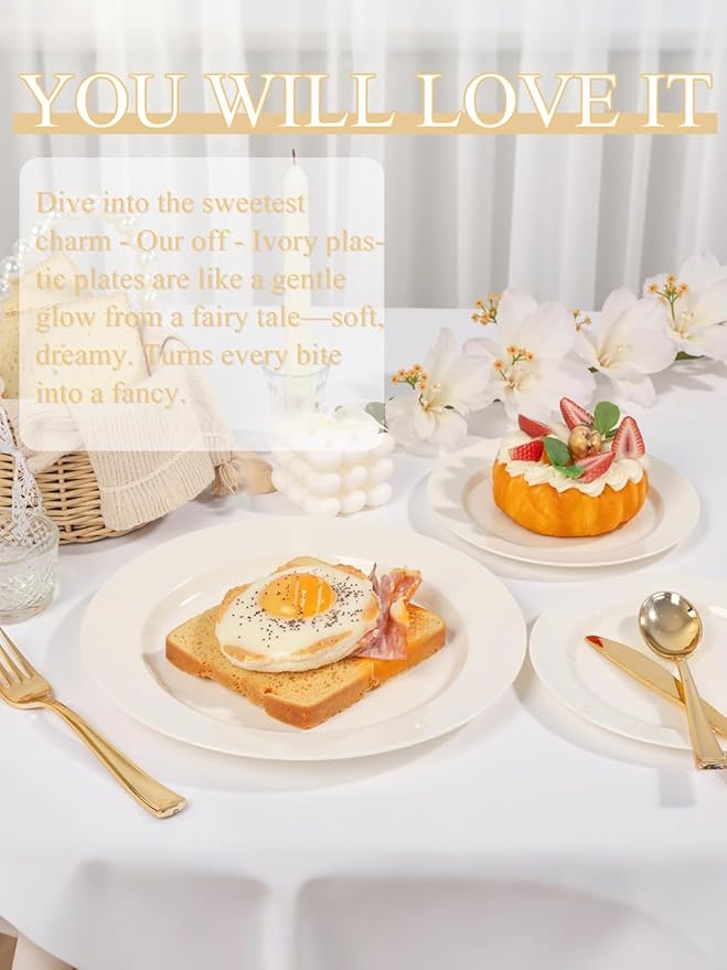 WDF 200PCS Ivory Plastic Plates - Elegant Ivory Disposable Plates for Party- Include 100 Dinner Plate 10inch and 100 Plastic Dessert Plate 7inch Perfect for Party Baby Shower Wedding Spring