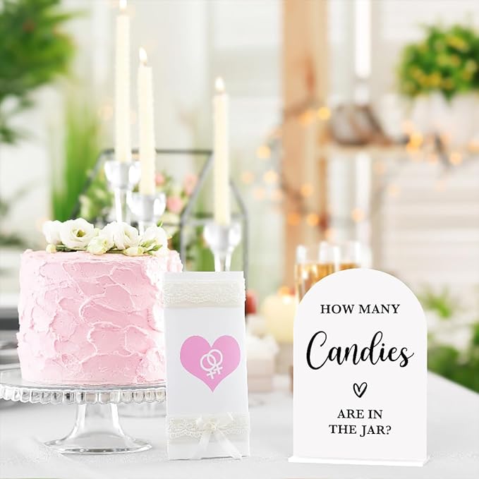 Baby in Bloom Shower Decorations, Baby Shower Sign, Newborn Gifts, Candies Game Signs, Modern Calligraphy Arched Acrylic Table Top Signs With Stand for Birthday Party Decorations (White)