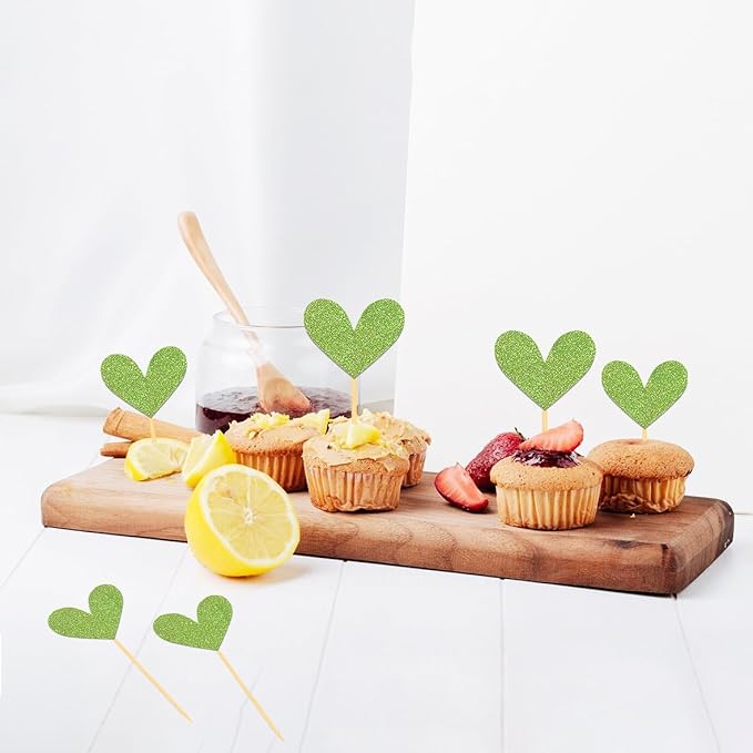 24Pcs Glitter Heart Cupcake Toppers for Valentine's Day Decorations, Mixed Size Double-Sided Heart Valentine's Day Cupcake Toppers for Wedding Bridal Shower Party Decorations (Green)