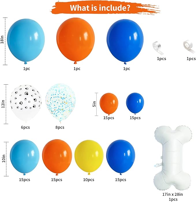 Dog Paw Balloon Arch, 105 Pcs Blue and Orange Paw Print Balloons Garland Kit, Big Bone Foil Balloon Orange Blue Confetti Balloons for Kids Children Dog Theme Birthday Party Decorations Supplies