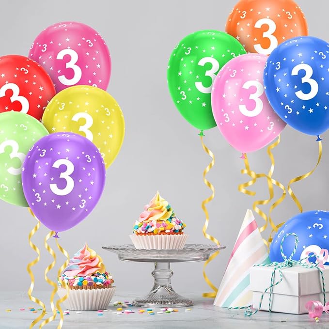 Ainiv 3rd Birthday Balloons 18PCS, 12inch Numbers Printed Latex Party Balloons, 3rd Anniversary Party Supplies Balloons, Numbers Balloons Decorations for Girls Boys 3 Year Old Birthday Party