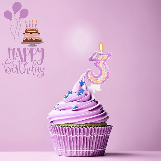 Birthday Candles - Number 3 Candle, Colorful Macaron Candles for Boys/Girls, Purple Party Decorations, Purple Cake Decorations