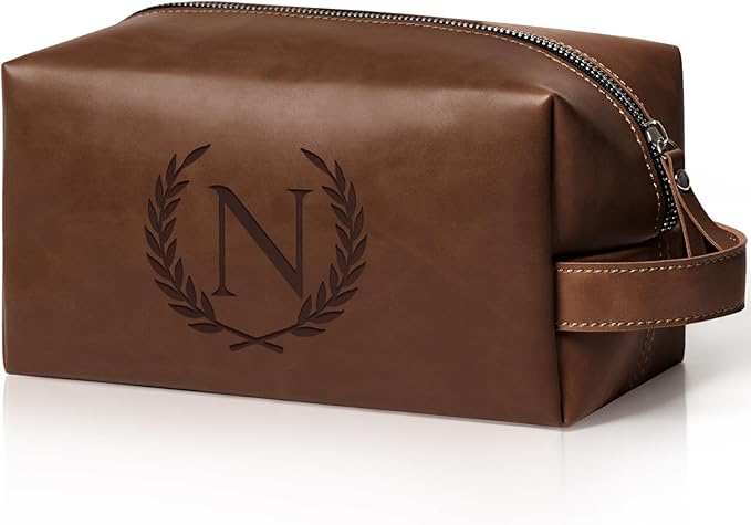 Personalized Gifts Travel Toiletry Bag for Men Engraved Initial PU Leather Waterproof Shaving Bag for Toiletries Accessories Fathers Day Birthday Gift for Men Dad Husband Son, Reddish Brown N