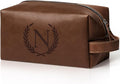 Personalized Gifts Travel Toiletry Bag for Men Engraved Initial PU Leather Waterproof Shaving Bag for Toiletries Accessories Fathers Day Birthday Gift for Men Dad Husband Son, Reddish Brown N