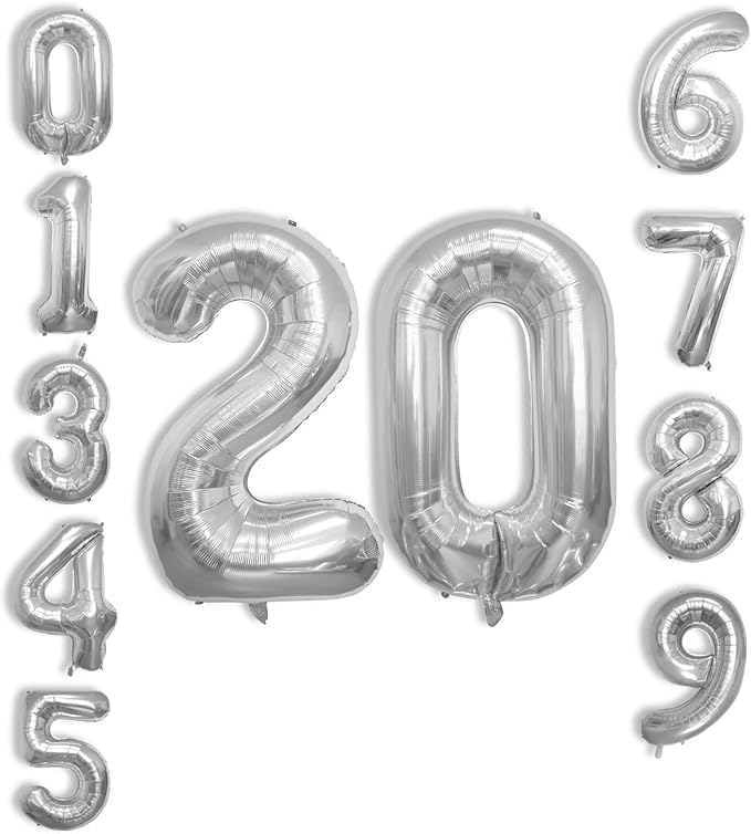 40 Inch Large Number Celebration and Decoration Balloon for Birthday Parties, Graduations, Anniversaries, Weddings, Photo Shoots, Special Events - Helium Foil Mylar (Silver Number 20)
