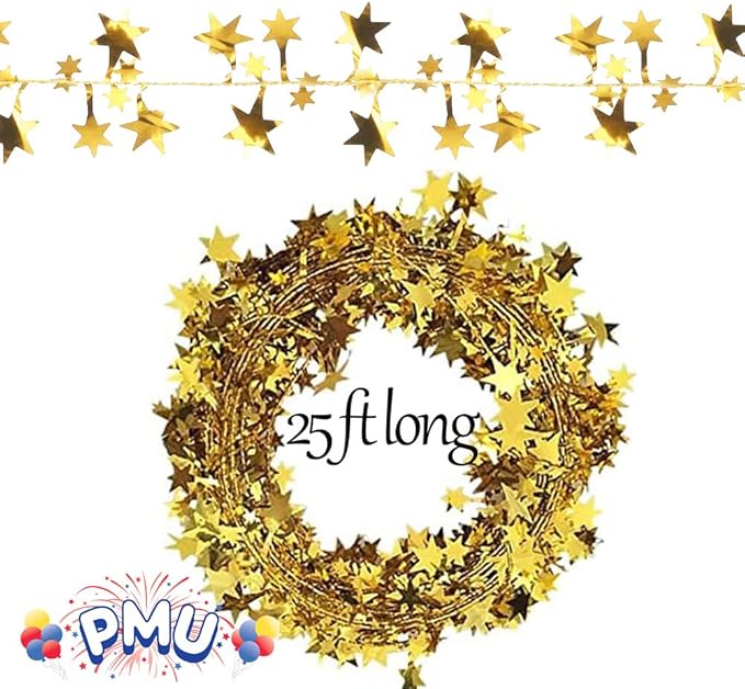 PMU 150 Ft Star Wire Shiny Garland Gold - Halloween, Christmas Party, Wedding, Birthday, Festive Home Decoration Ornament Gold (6pc-25Ft Each)
