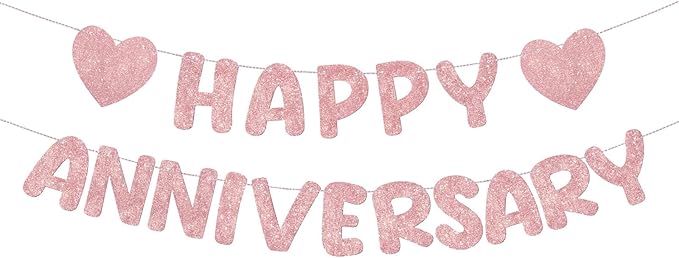 Fulmoon Happy Anniversary Banner Glitter Happy Anniversary Decorations Wedding Party Banner Romantic Decorations No DIY Pre-strung for Wedding Party Birthday Door(Rose Gold)