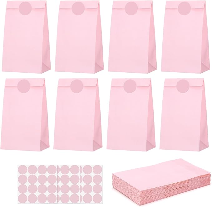 woric 36PCS Pink Paper Bags with Stickers, Small Pink Party Favor Bags for Girls Birthday Self Stand Easter Goodie Gift Bag for Kids Baby Shower Wedding