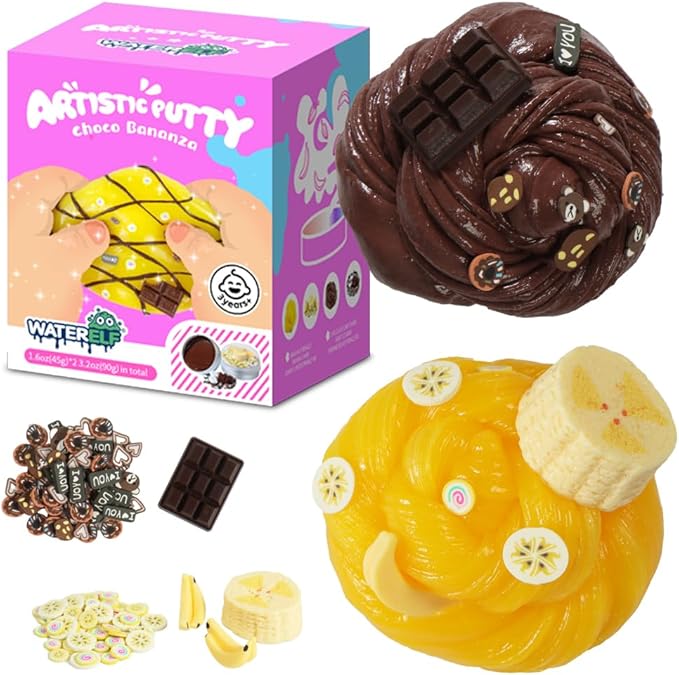 WATERELF 2PC Scented Putty Multi-Color, Stress Relief Scented Putty for Kids Boys Girls Adults, Non-Sticky Fidget Toy - 1.6 Oz*2 - SP001#-Banana/Chocolate