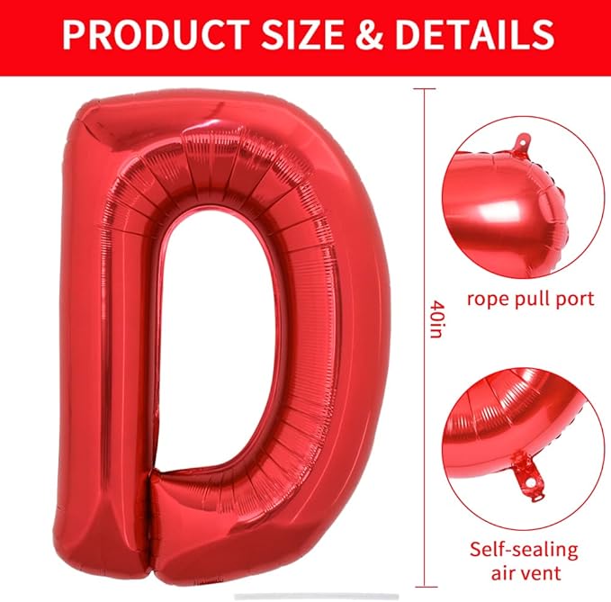 TONIFUL 40 Inch Large Bright Red Letter Balloons A-Z, Giant Jumbo Helium Foil Mylar Big Letter D Balloons for Birthday Party Anniversary Wedding Decorations