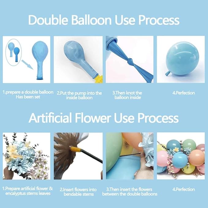 Pink Blue Green Balloon Arch Kit with Artificial Flowers, Double Stuffed Light Baby Yellow Pink Blue Green Pastel Floral Balloon Garland for Baby Shower Wedding Birthday Easter Fairy Tea Party Decor