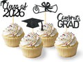 2026 Graduation Theme Cupcake Toppers Glitter Class of 2026 Graduation Cap Diploma Cupcake Picks - Set of 24 (Black)