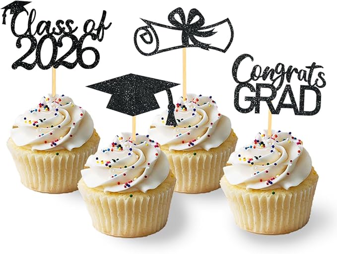 2026 Graduation Theme Cupcake Toppers Glitter Class of 2026 Graduation Cap Diploma Cupcake Picks - Set of 24 (Black)
