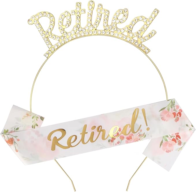 Didder Retirement Party Decorations - Gold Retired Tiara Crown Headband, Retirement Sash for Women