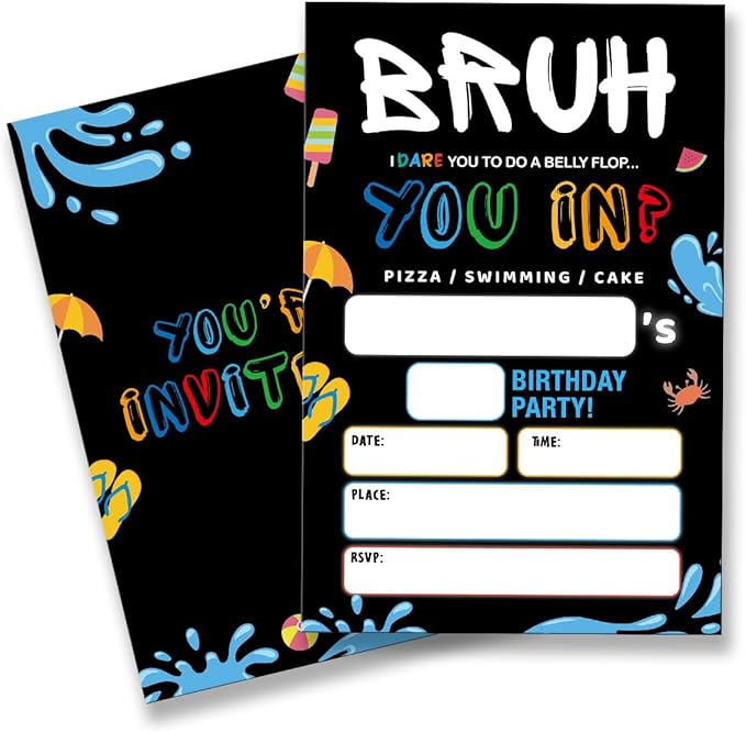 Bruh Pool Birthday Invitation Supplies with Envelopes Set of 20 Boy Birthday Party Invitations Fill in Blank, Double Sided