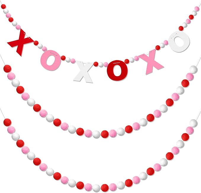 Breling 3 Pieces Valentine's Day Garland Felt Ball Garland, 10ft Pompom Valentines Decorations Banner for Mantle Fireplace Room Valentine Hanging Decor (Pink, XOXO)