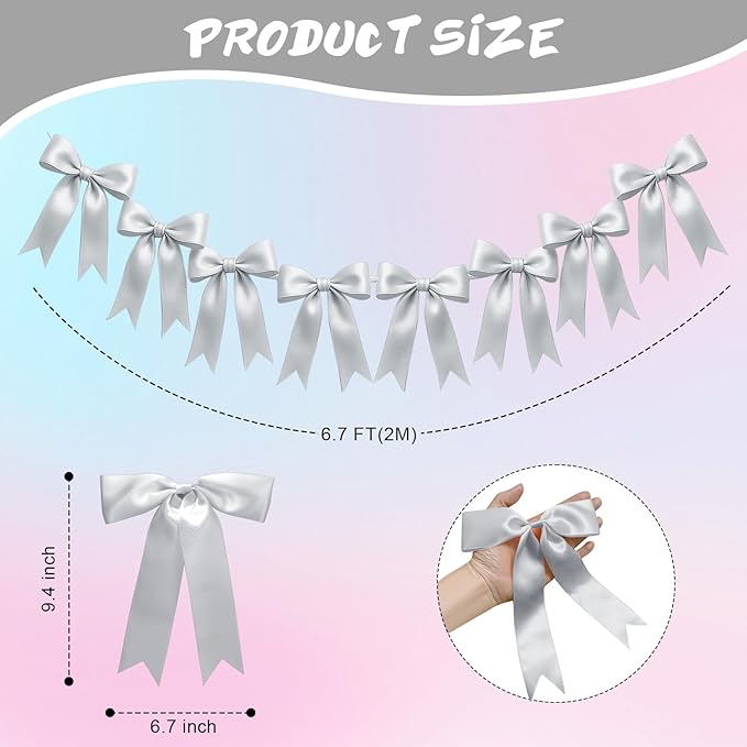 2 Strings of 16PCS Silver Bow Garlands Banner Decoration,Pre-Strung Satin Ribbon Ornaments for Birthday,Bachelorette Party,Bridal Shower,Wedding,Engagement,Baby Shower,Graduation Decor,Anniversary