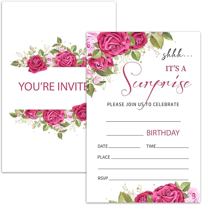 Rose Floral Surprise Party Invitation Cards for Women Men, Surprise Birthday Invites for Adult, Party Supplies Favors, 20 Cards With 20 Envelopes -14