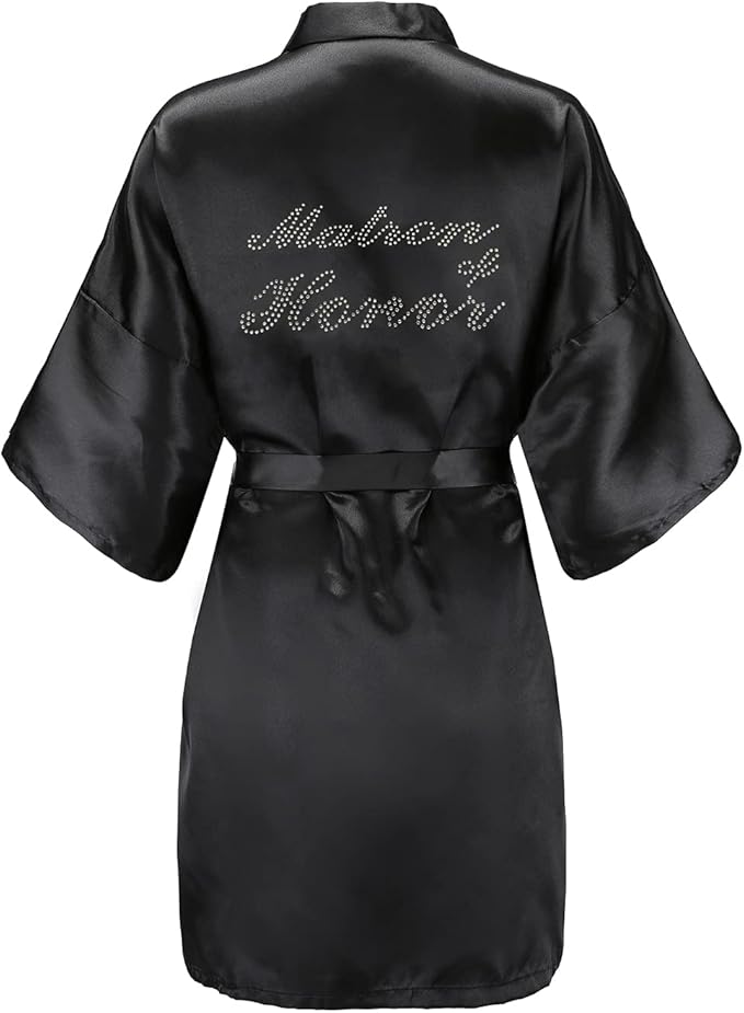 EPLAZA Women's One Size Silver Rhinestones Bride Bridesmaid Short Satin Robes for Wedding Party Getting Ready