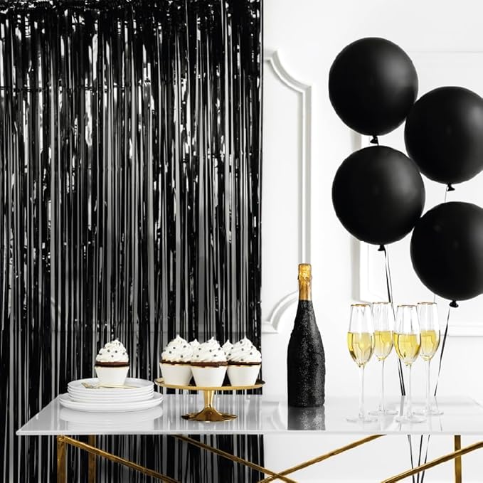 Pack of 2 Black Foil Fringe Curtains – Black Tinsel Backdrop for Photo Booth, Birthday, Wedding, Baby Shower, Bachelorette, Christmas & Holiday Party Decorations