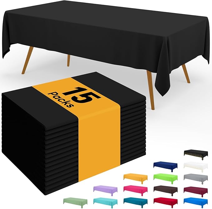 Smiry Disposable Table Cloth - 15 Pack, 54 x 108 Inch Waterproof Rectangle Tablecloths for Parties, Decorative Plastic Table Cover, Leakproof & Sturdy, Black