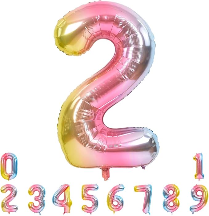 TONIFUL 40 Inch Rainbow Large Numbers Balloons 0-9, Number 2 Digital 2 Helium Balloons, Foil Mylar Big Number Balloons for Birthday Party Anniversary Supplies Decorations