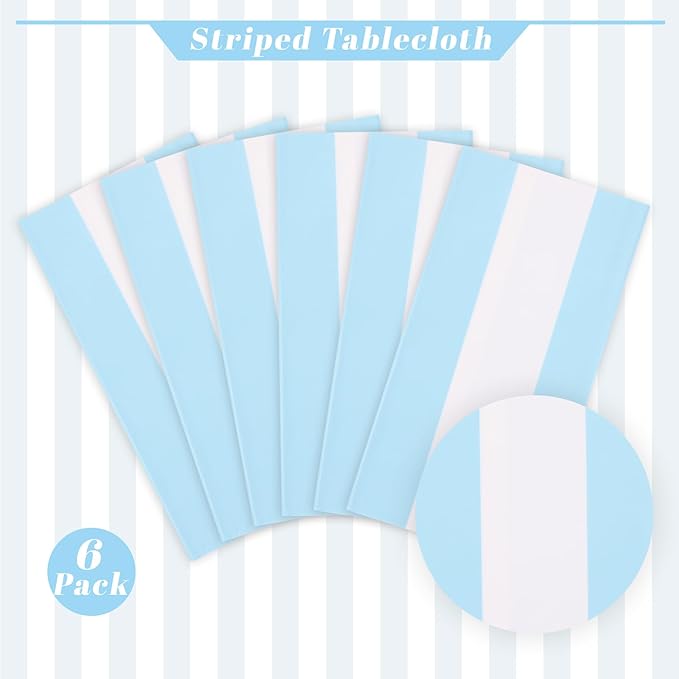 Kesfey 6 Packs Light Blue and White Striped Table Cloth 54 x 108 Inches Bluey Stripe Table Cover Disposable Plastic Beach Tablecloths Waterproof Rectangle Picnic Tablecover for Pool Birthday Party