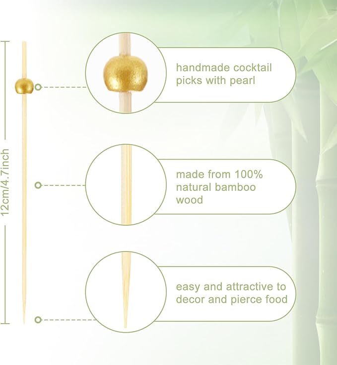 200 PCS Cocktail Toothpicks for Appetizers, Natural Bamboo Coctail Skewers Sticks, Pearl Decorative Cocktail Tooth Picks for Drinks, Fruit, Charcuterie, Wedding Food Party Fancy 4.7 Inch Long, Gold