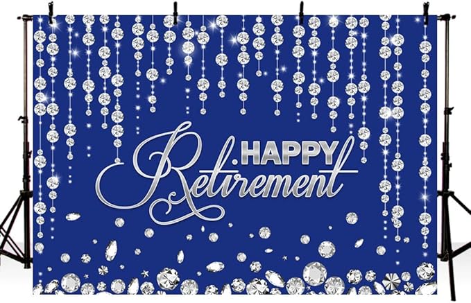 7x5ft Happy Retirement Backdrop for Party Decorations - Navy Blue and Silver Aged Retirement Banner