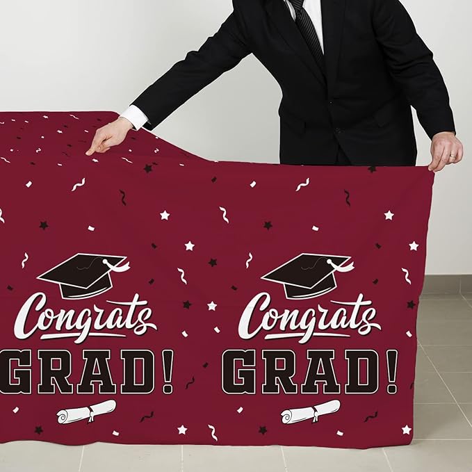 Gatherfun Graduation Tablecloths Graduation Party Table Decorations Waterproof Plastic Rectangular Disposable Table Cover for Congrats Grad Party Supplies 3PCS 54x108 Inch, Maroon