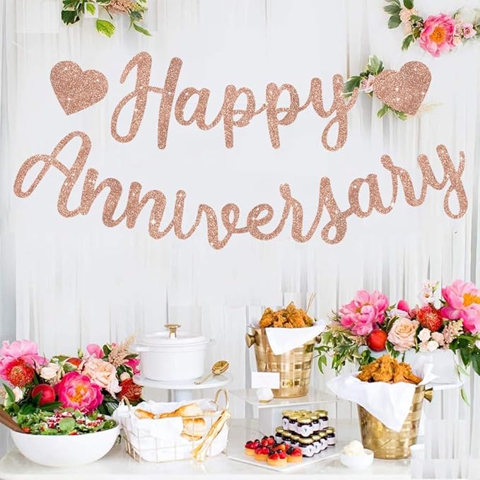 BEISHIDA Rose Gold Happy Anniversary Banner, Pre-Strung - Rose Gold Glitter Happy Anniversary Banner，NO DIY - Rose Gold Glitter Happy Anniversary Garland, Rose Gold Happy Anniversary Sign for Anniversary Wedding Party Decorations & Decor