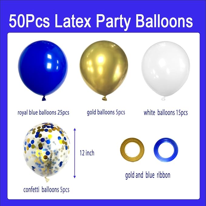 Royal Blue and Gold Balloons, 50 Pcs 12 Inch Royal Blue Metallic Gold Whtie Latex Balloons Balloon for Adult Party Graduation Wedding Anniversary Party Decorations