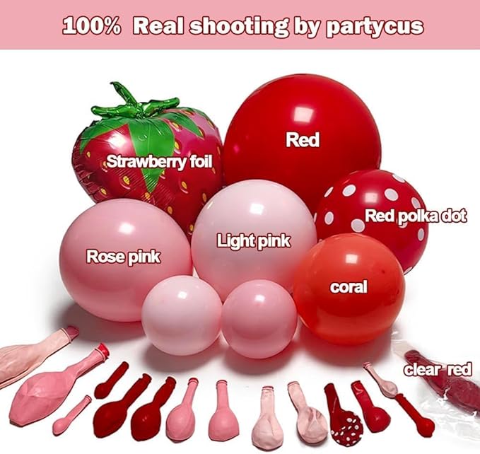 Strawberry Balloon Arch Kit Double Stuffed, Pastel Red Baby Pink Coral Balloon Garland with 18in Strawberry Foil for Berry First Birthday Baby Shower Sweet Valentines Day Party