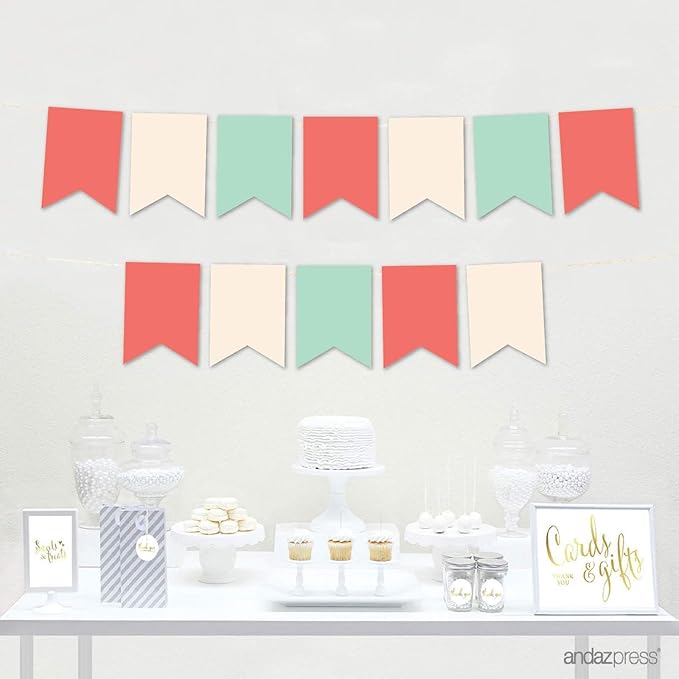 Andaz Press Hanging Pennant Banner with String, Coral, Ivory, Mint, 1-Set, 24 Pennants, Approx. 12-Feet Long