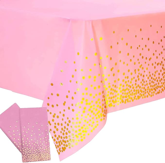 2 Pack Plastic Pink Tablecloth - Disposable Pink & Gold for Rectangle Tables 54" x 108" - Party Decorations for Birthdays, Thanksgiving, Christmas, Valentines, Weddings, Outdoor BBQ & Picnics
