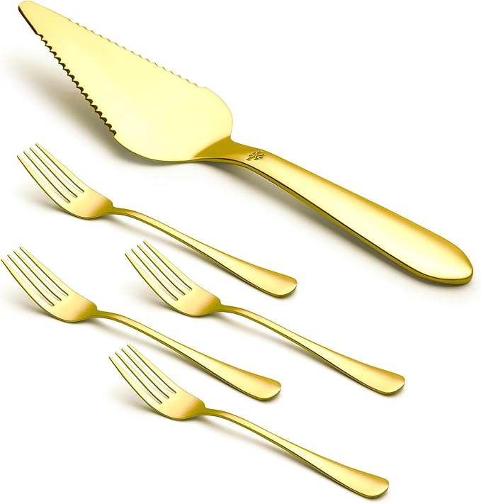 1 Pcs Cake Pie Server and 4 Forks Set for Wedding, Elegant Pizza Slicer Server Set with Stainless Steel Big Serrated Edges, Cake Cutter Pie Spatula for Birthday Anniversary, Gold