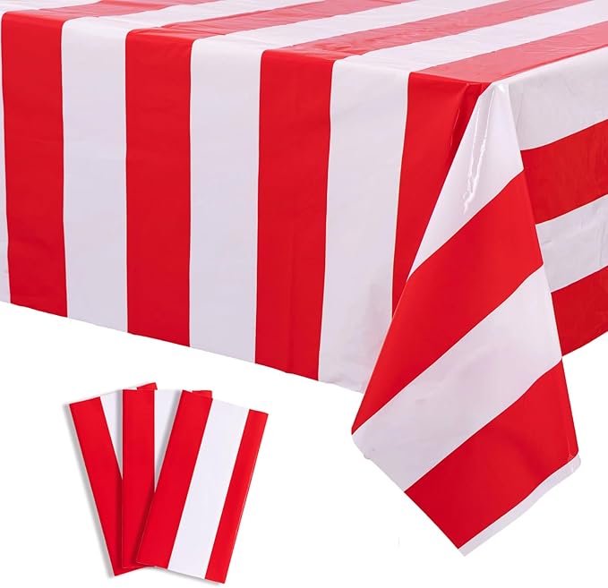 Kesfey 3 Packs Red and White Horizontal Striped Tablecloth 54 x 108 Inch Carnival Circus Theme Party Table Cloths Decorations Waterproof Rectangle Red Striped Tablecover for Picnic Plim Birthday Party