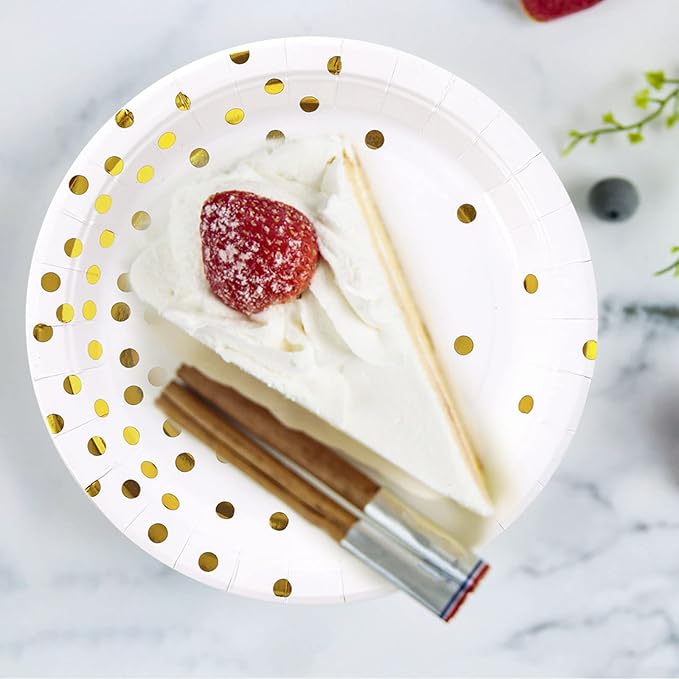 White and Gold Party Supplies, Gold Dot Paper Dessert Plates (50-Count)
