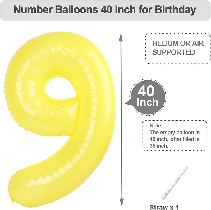 Yellow 9 Balloon Number, Big 40 Inch Happy 9 19 29 90 Birthday for Men And Women, Foil Balloons Decoratins for Wedding Anniversary, Single, New Year, Halloween Party Syupplies