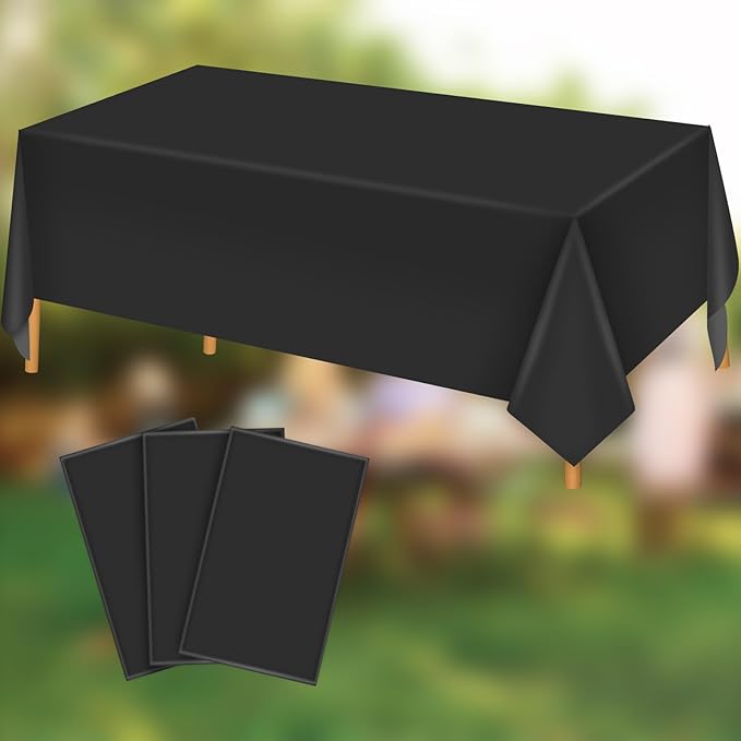 Hxezoc 3 Pack Black Disposable Plastic Tablecloths, 54 x 108 Inches Waterproof Table Cover for Wedding Birthday Party Baby Shower Decorations Outdoor Indoor Party Supplies