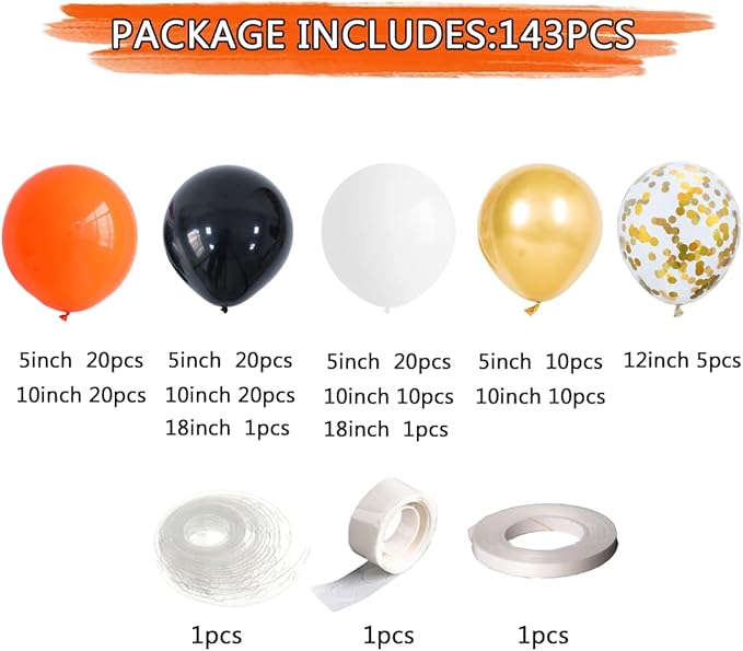 Orange Black White Balloon Arch Kit 143Pcs with Gold Confetti Balloon for Orange and Black Birthday Party Decorations Graduation Party Birthday Party