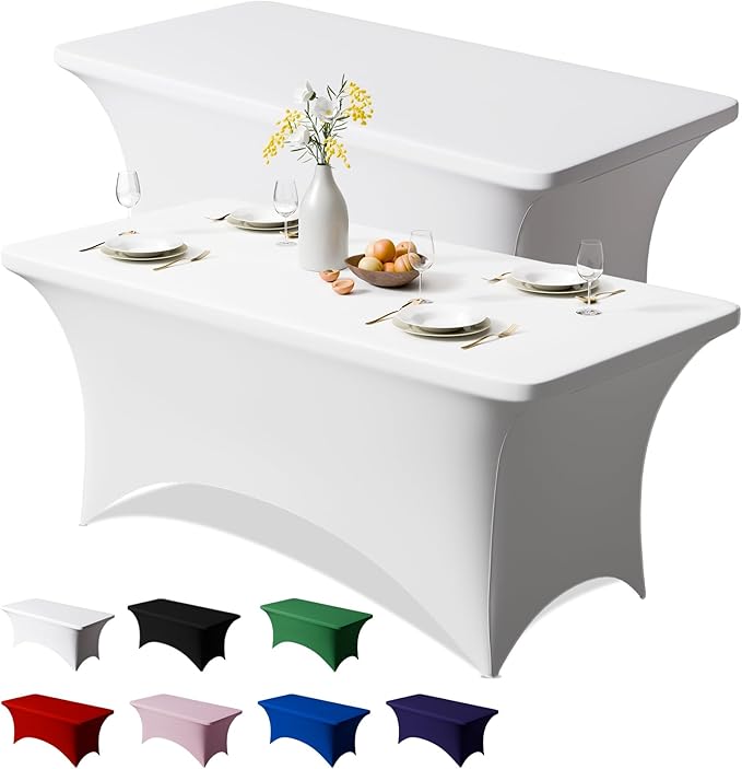 Trlyc 2 Pack 4FT Spandex Table Cloth - 48 x 30 Inch Rectangular Stretch Tablecloth, Wrinkle Resistant Scretch Table Cover for Wedding, Party, Banquet, Picnic, Outdoor Decoration (2Pcs,White)